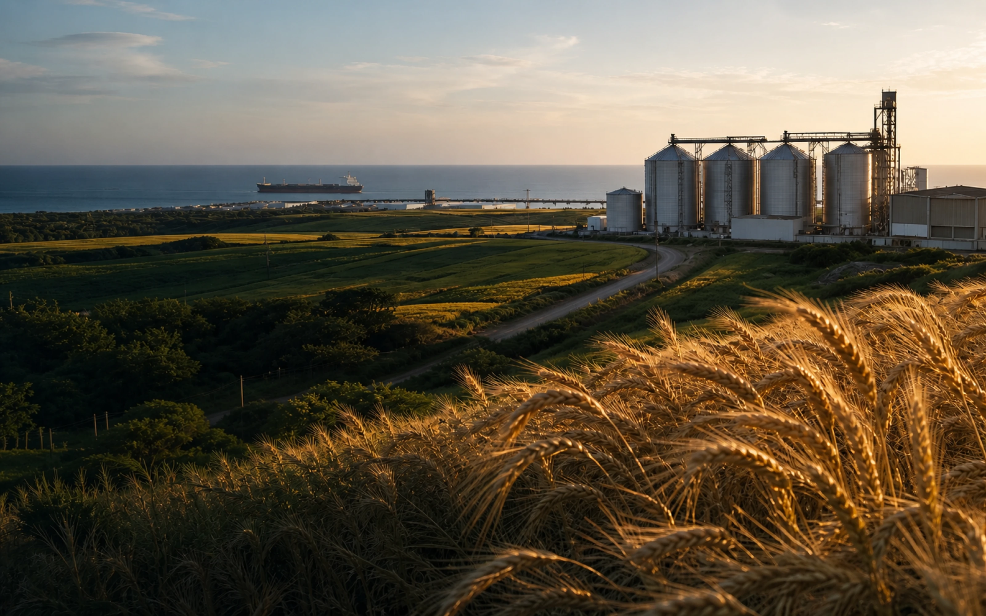 Golden grain fields and silos beside an international sea terminal